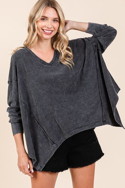 Mittoshop Mineral Wash V-Neck Long Sleeve Oversized Top Blouses