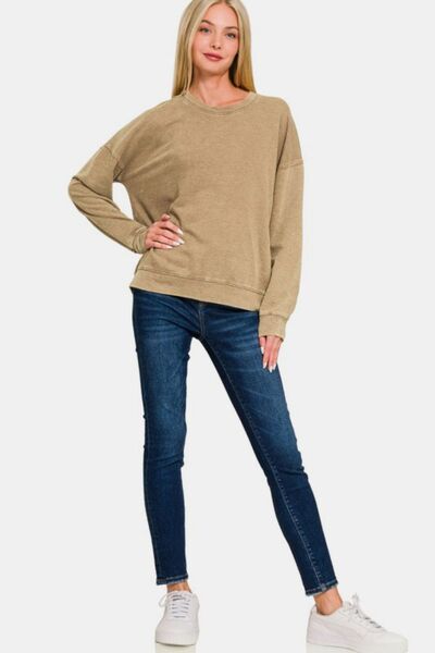 Zenana Washed Round Neck Dropped Shoulder Sweatshirt Hoodies & Sweaters