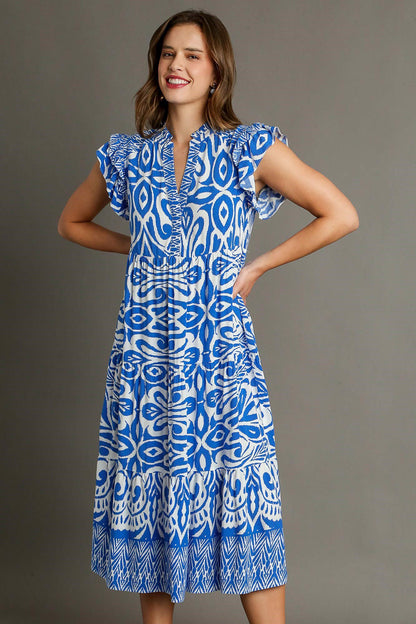 Umgee Full Size Two Tone Border Print Ruffle Cap Sleeve Midi Dress Plus Size Blue Casual Dresses