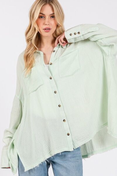 SAGE + FIG Frayed Hem Side Slit Button Down Shirt Blouses