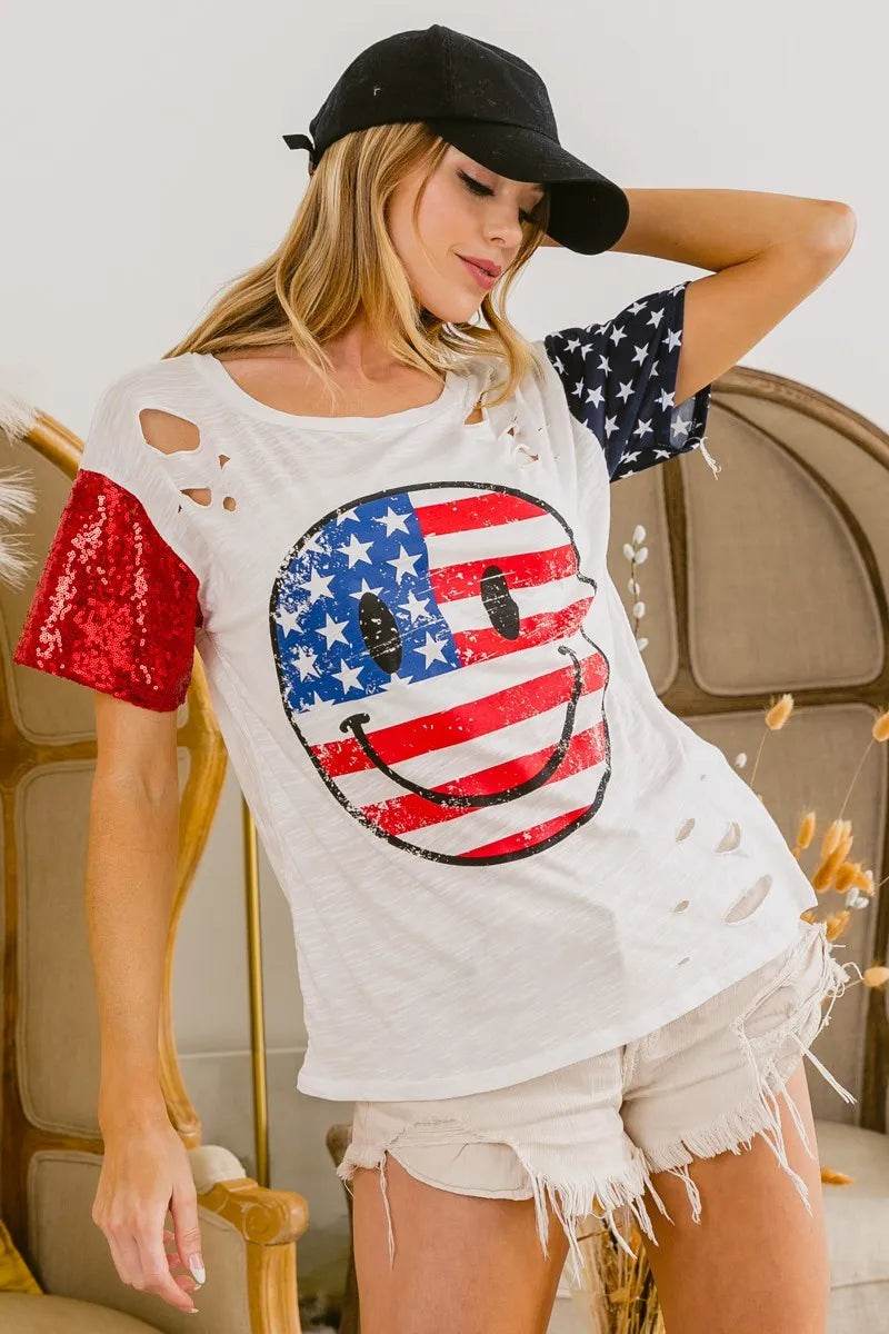 BiBi Fourth Of July Top With Laser Cut And Smile Face - Shop Style & More | Fresh Looks, Everyday Deals & Free Shipping