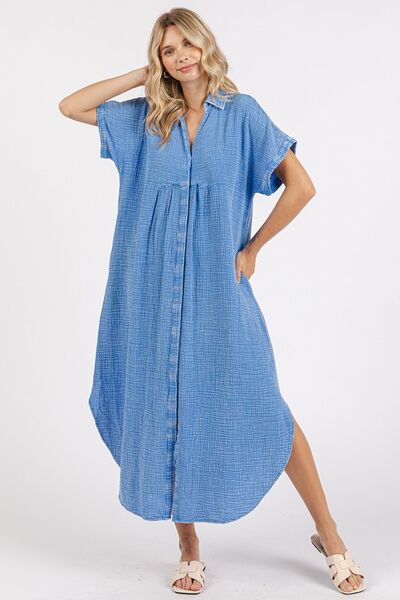 Mittoshop Mineral Wash V Neck Button Up Midi Shirt Dress Casual Dresses