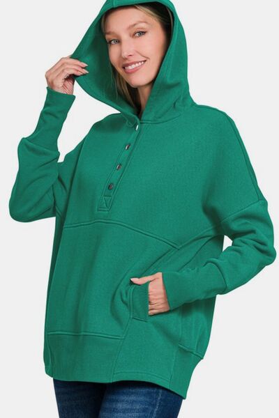 Zenana Half Snap Long Sleeve Hoodie with Kangaroo Pocket Hoodies & Sweaters