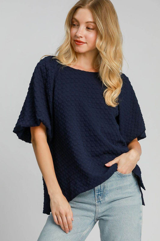Umgee Full Size Boxy Cut Jacquard Round Neck Top with Side Slit Plus Size - Shop Style & More | Fresh Looks, Everyday Deals & Free Shipping