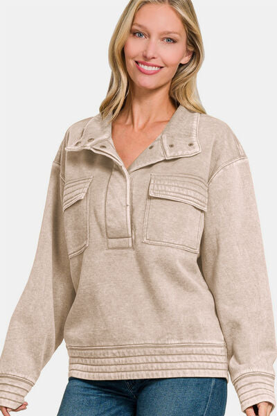 Zenana Acid Washed Half Snap Fleece Sweatshirt Hoodies & Sweaters