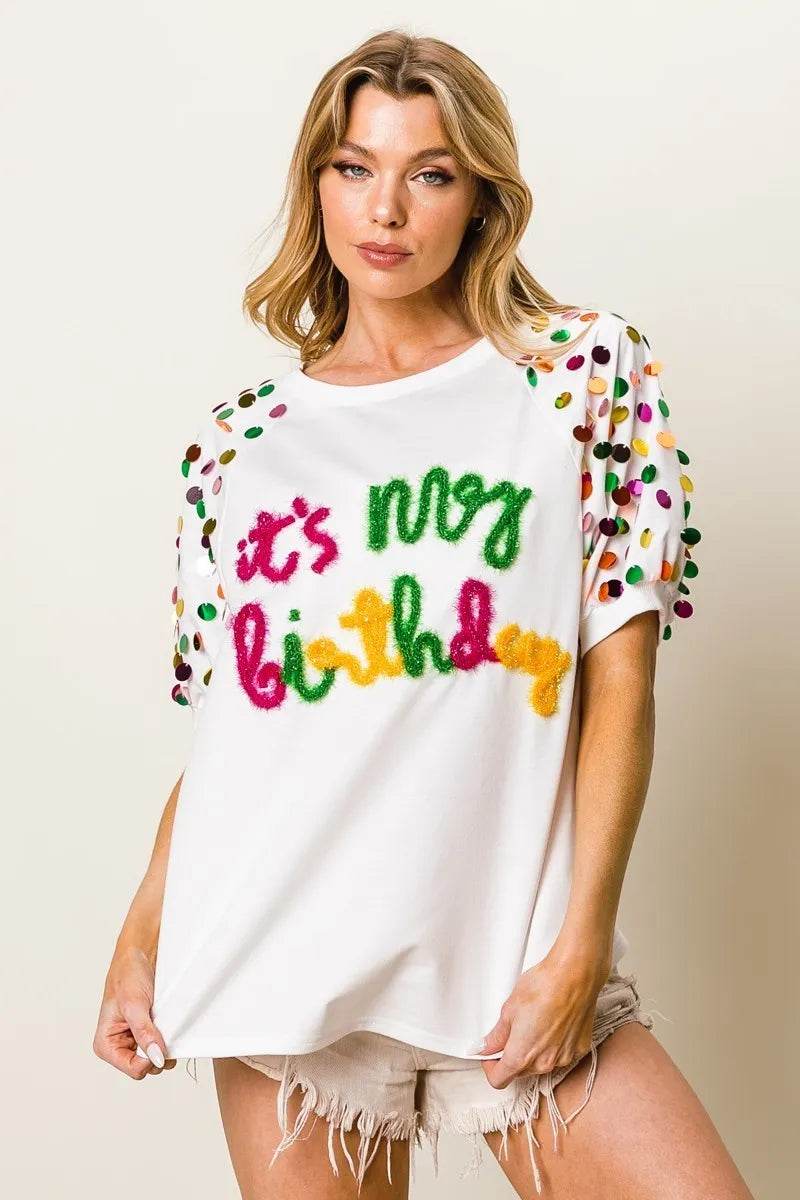 BiBi Metallic Letter Spangle Raglan Puff Sleeve Top - Shop Style & More | Fresh Looks, Everyday Deals & Free Shipping