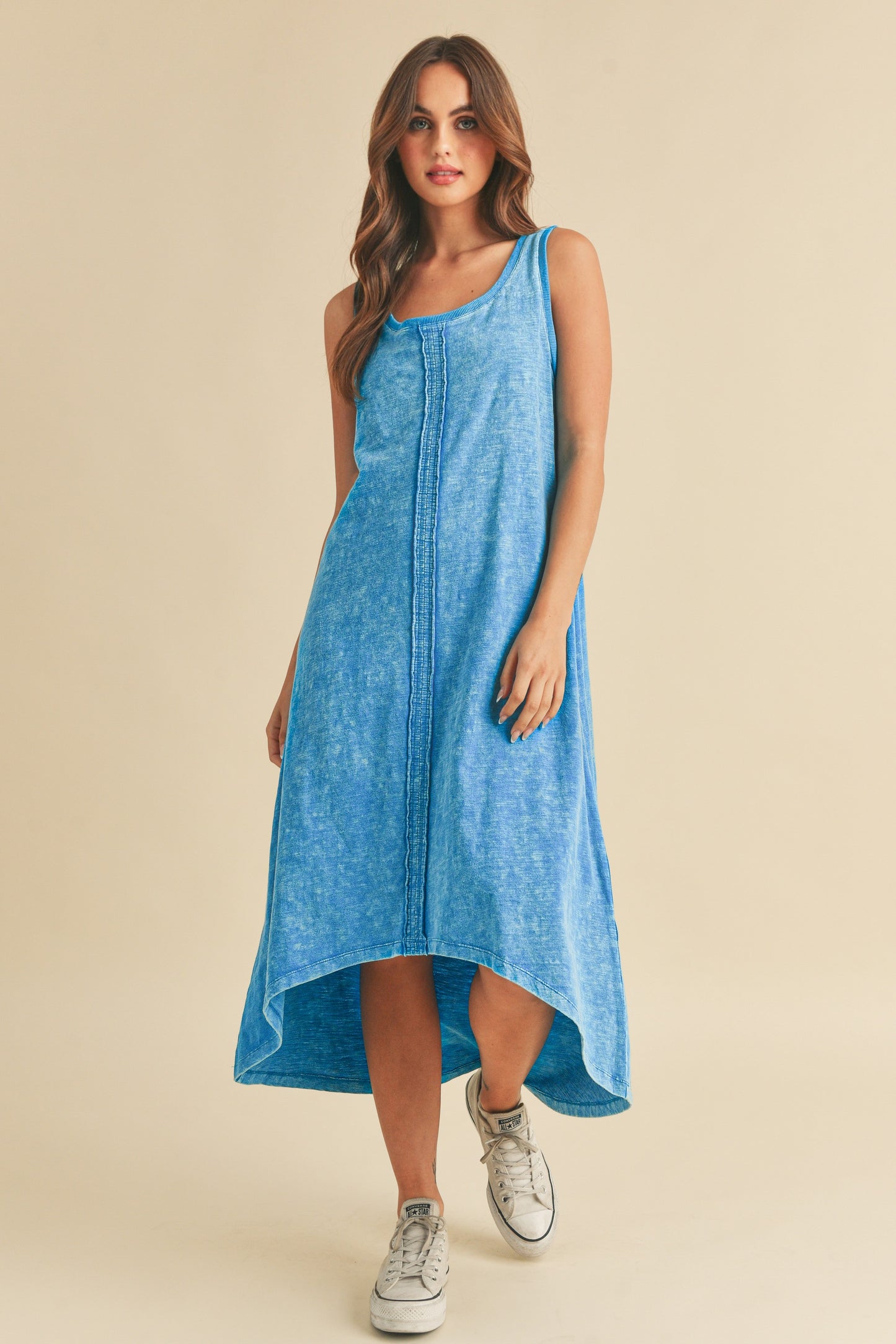 Aemi + Co High-Low Hem Scoop Neck Midi Tank Dress Sky Blue Casual Dresses