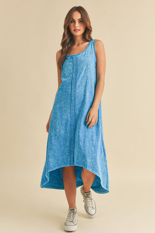 Aemi + Co High-Low Hem Scoop Neck Midi Tank Dress Sky Blue Casual Dresses