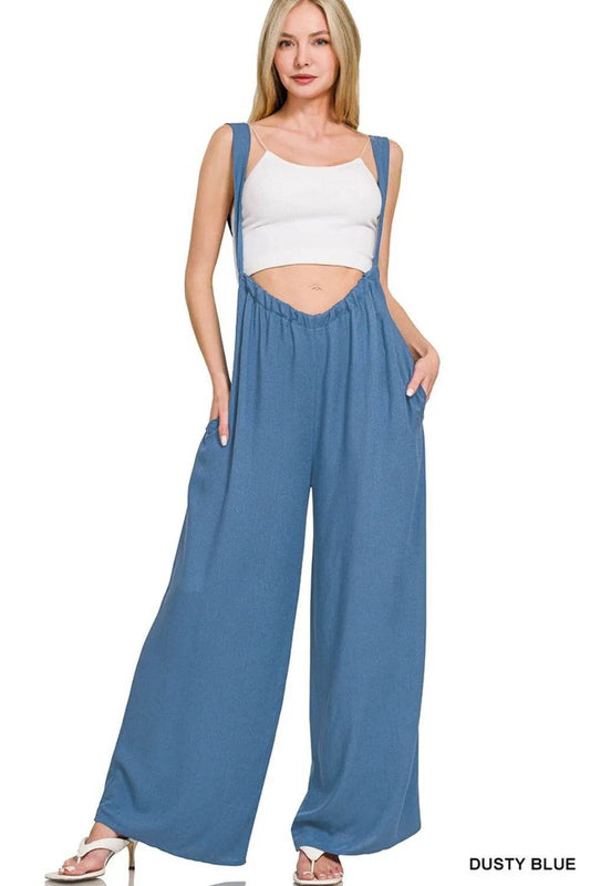 Zenana Woven Tie Back Suspender Jumpsuit - Shop Style & More | Fresh Looks, Everyday Deals & Free Shipping
