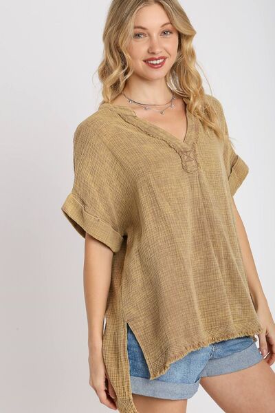 Umgee Full Size Side Slit Notched Mineral Wash Gauze Fabric Top Plus Size Camel Blouses