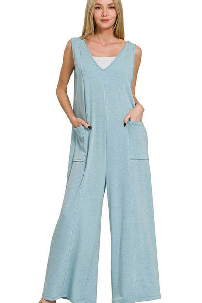 Zenana French Terry Deep V Neck Jumpsuits - Shop Style & More | Fresh Looks, Everyday Deals & Free Shipping