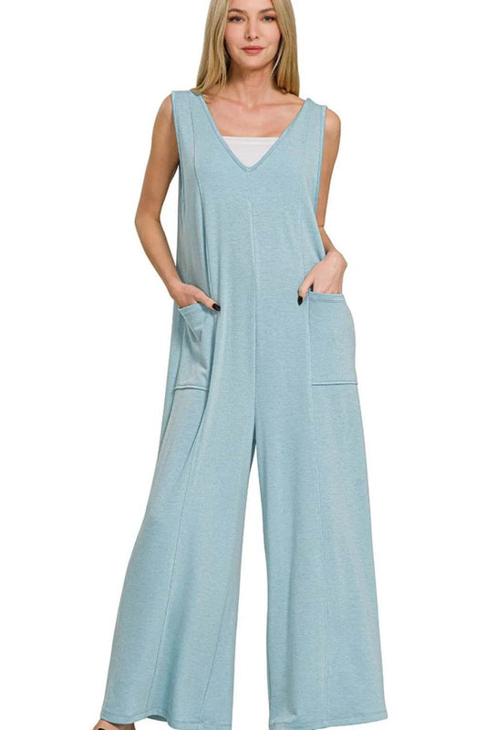 Zenana French Terry Deep V Neck Jumpsuits - Shop Style & More | Fresh Looks, Everyday Deals & Free Shipping