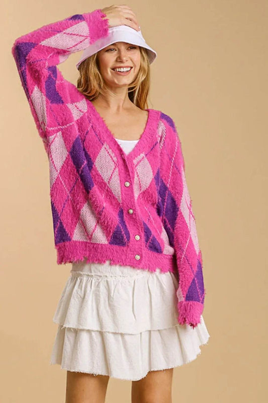 Umgee Full Size Argyle Pattern V-Neck Button Front Cardigan Plus Size - Shop Style & More | Fresh Looks, Everyday Deals & Free Shipping
