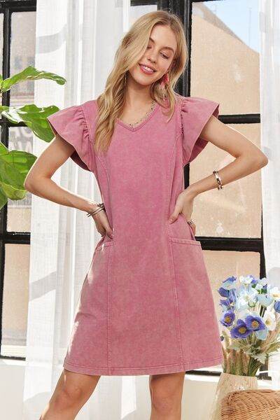 ADORA Mineral Washed V-Neck Ruffled Cap Sleeve Dress - Shop Style & More | Fresh Looks, Everyday Deals & Free Shipping