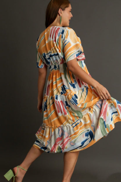 Umgee Full Size Abstract Print Flutter Sleeve Frill Tiered Midi Dress Plus Size Casual Dresses