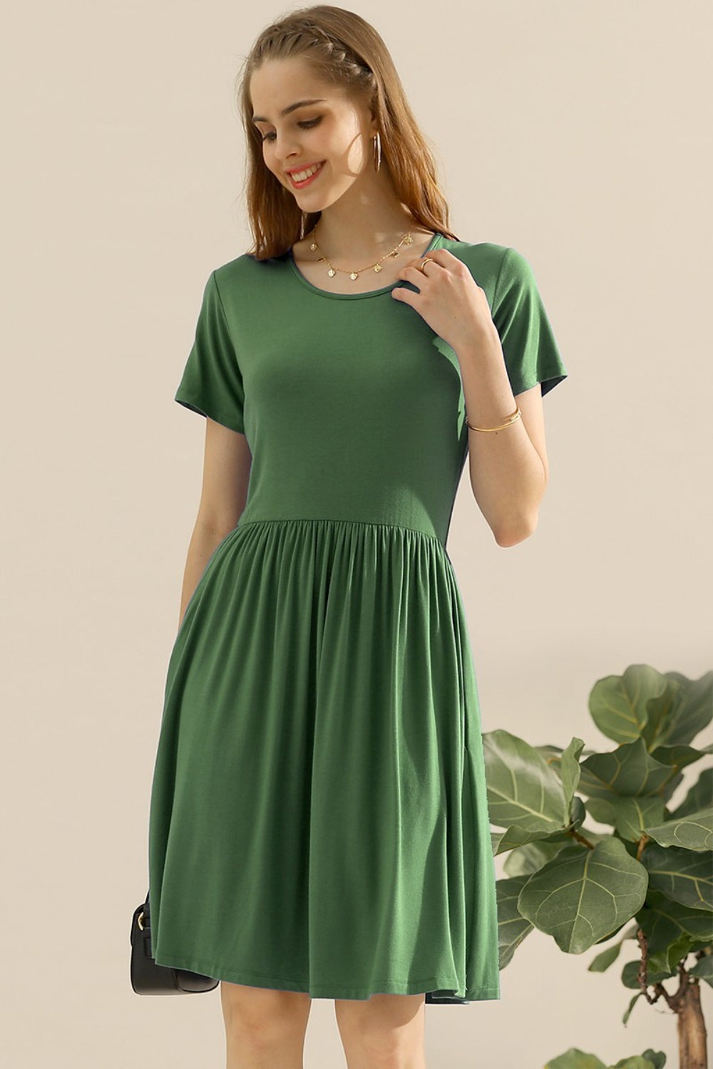 Ninexis Full Size Round Neck Ruched Dress with Pockets OLIVE Cocktail Dresses