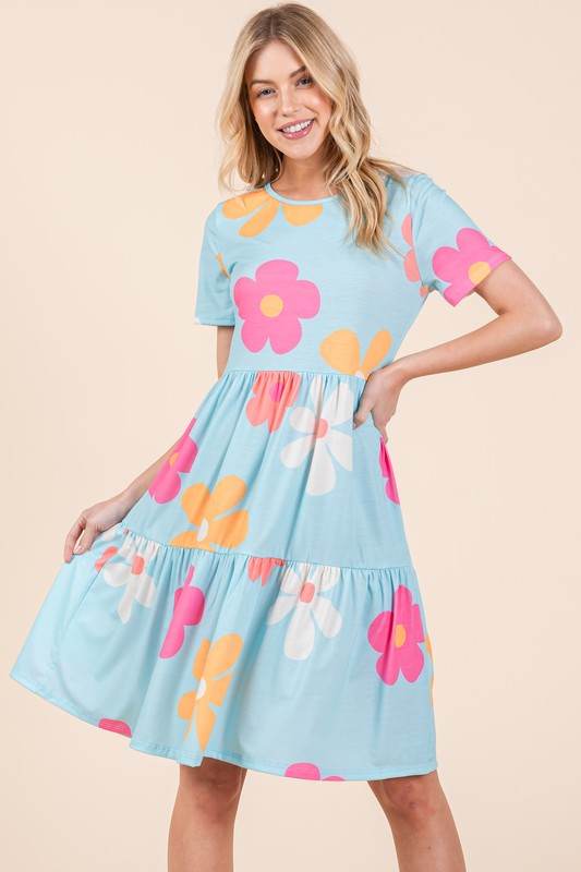 BOMBOM Floral Round Neck Short Sleeve Tiered Dress - Shop Style & More | Fresh Looks, Everyday Deals & Free Shipping