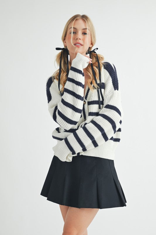 Aemi + Co Striped V-Neck Button Down Cardigan Hoodies & Sweaters