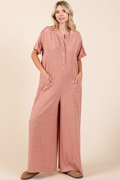 Mittoshop Button Detail Jumpsuit - Short Sleeve Wide Leg Jumpsuit Jumpsuits