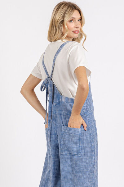 Mittoshop Textured Wide Leg Overalls Blue Jumpsuits