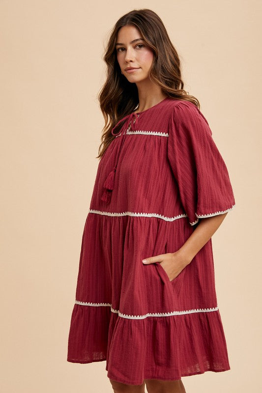 Annie Wear Tassel Contrast Trim Tie Neck Half Sleeve Tiered Dress Casual Dresses