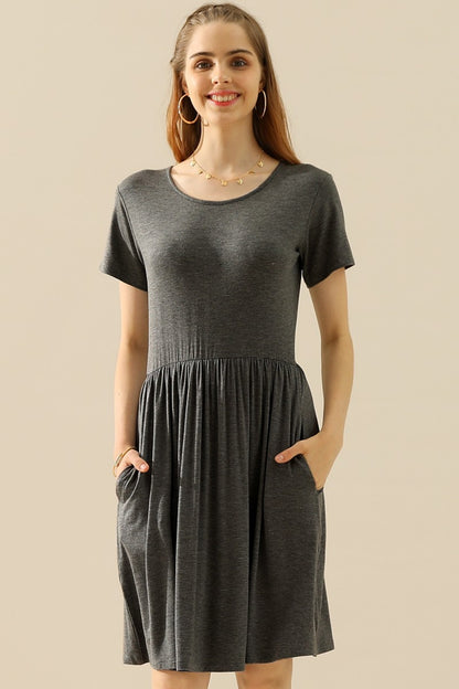 Ninexis Full Size Round Neck Ruched Dress with Pockets H CHARCOAL Cocktail Dresses