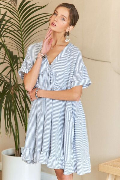 ADORA Ruffled Hem Striped V-Neck Babydoll Dress Light Blue Casual Dresses