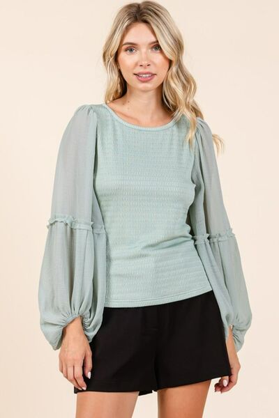 Mittoshop Mixed Media Textured Knit Chiffon Long Sleeve Top Sage Blouses