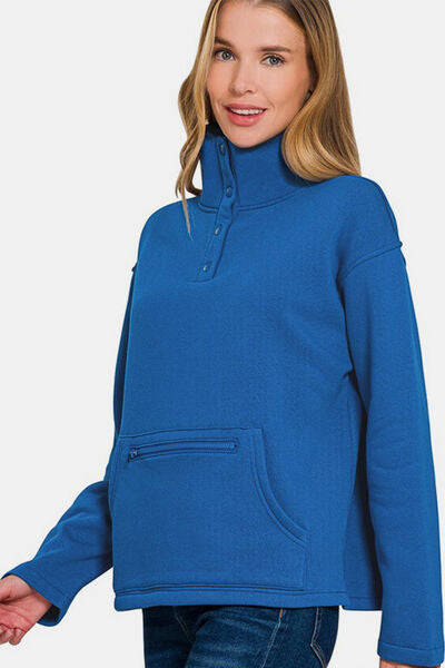 Zenana Turtleneck Half Snap Fleece Sweatshirt Hoodies & Sweaters