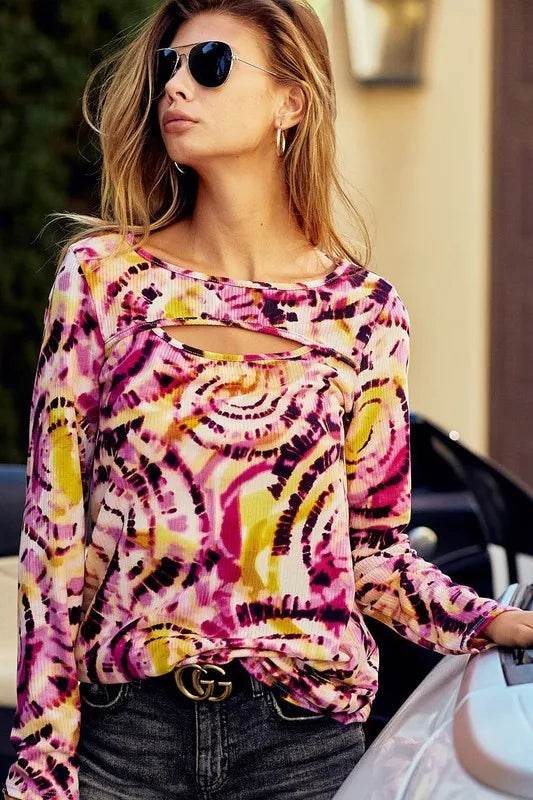 BiBi Print Tie Dye Rib Knit Top With Cut Out Neck - Shop Style & More | Fresh Looks, Everyday Deals & Free Shipping