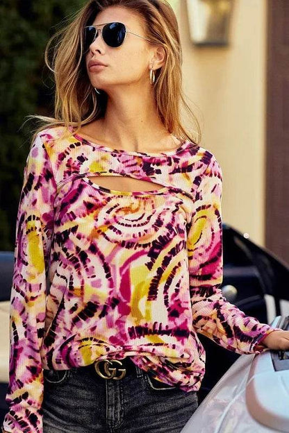 BiBi Print Tie Dye Rib Knit Top With Cut Out Neck - Shop Style & More | Fresh Looks, Everyday Deals & Free Shipping