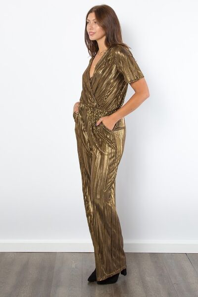 Be Stage Foil Pleated Jumpsuit with Surplice Short Sleeves Jumpsuits