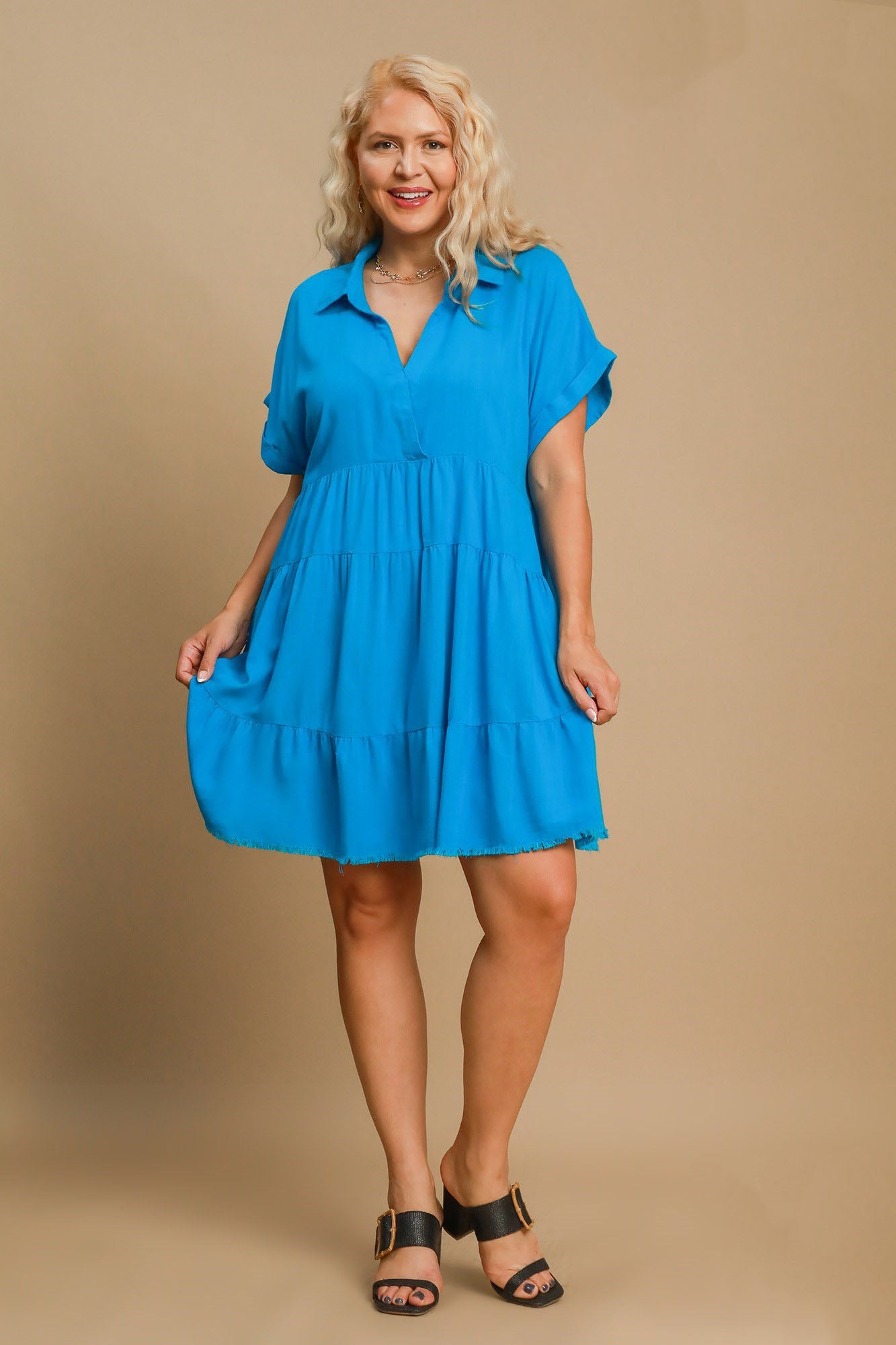 Umgee Full Size Raw Hem Folded Sleeve Tiered Dress Plus Size Casual Dresses