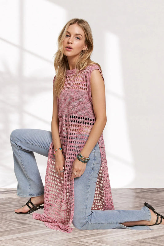 ADORA Multi Color Crochet Tunic Top PINK Women's Outerwear