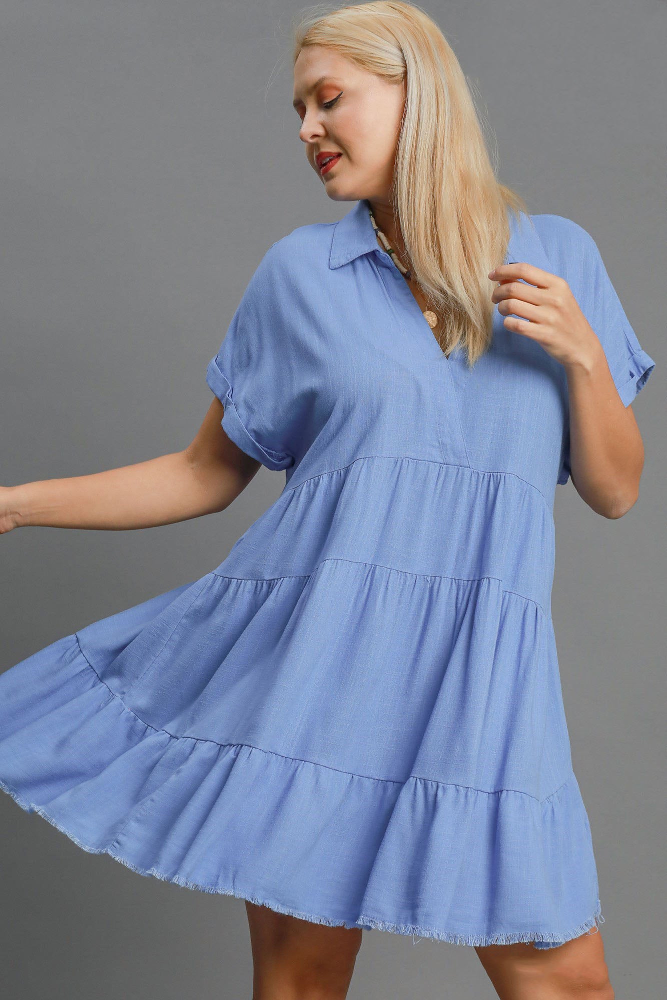 Umgee Full Size Raw Hem Folded Sleeve Tiered Dress Plus Size Casual Dresses