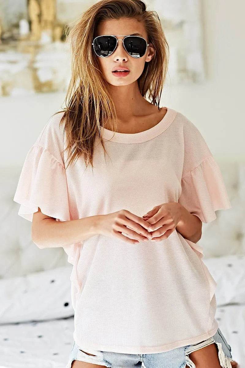 BiBi Thermal Knit with Ruffled Sleeve Top - Shop Style & More | Fresh Looks, Everyday Deals & Free Shipping