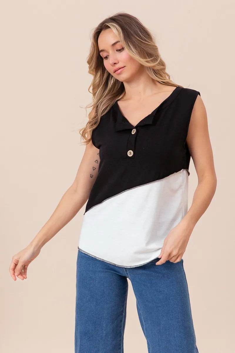 BiBi Color Block Contrast Stitching Buttoned Henley Top - Shop Style & More | Fresh Looks, Everyday Deals & Free Shipping