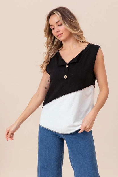 BiBi Color Block Contrast Stitching Buttoned Henley Top - Shop Style & More | Fresh Looks, Everyday Deals & Free Shipping