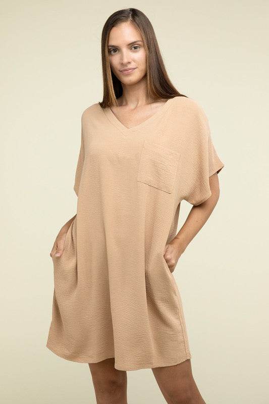 Woven Airflow V Neck T-Shirt Dress with Pockets - Shop Style & More | Fresh Looks, Everyday Deals & Free Shipping