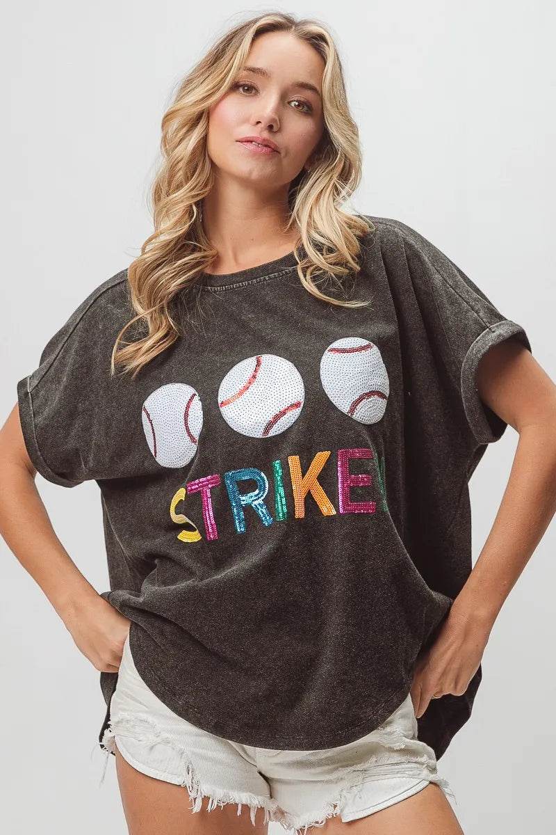 BiBi Sequin Baseballs Strike Washed Short Sleeve Top - Shop Style & More | Fresh Looks, Everyday Deals & Free Shipping
