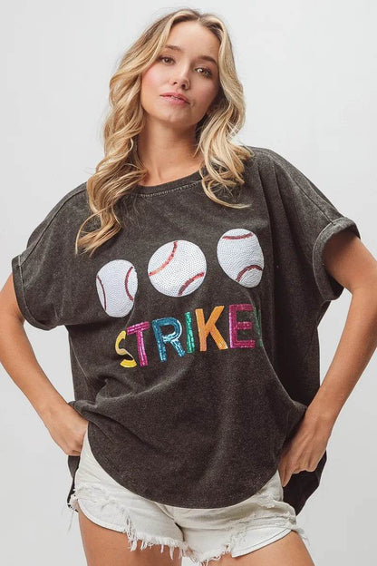 BiBi Sequin Baseballs Strike Washed Short Sleeve Top - Shop Style & More | Fresh Looks, Everyday Deals & Free Shipping