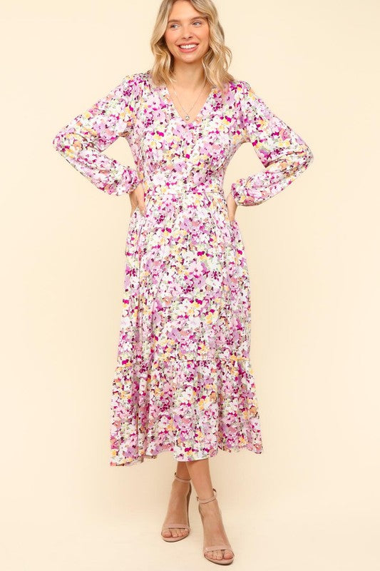 Haptics Full Size Floral V-Neck Long Sleeve Dress with Side Pockets Casual Dresses