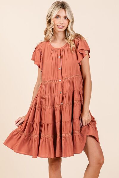 Mittoshop Lace Detail Ruffled Button Down Tiered Dress Pumpkin Casual Dresses