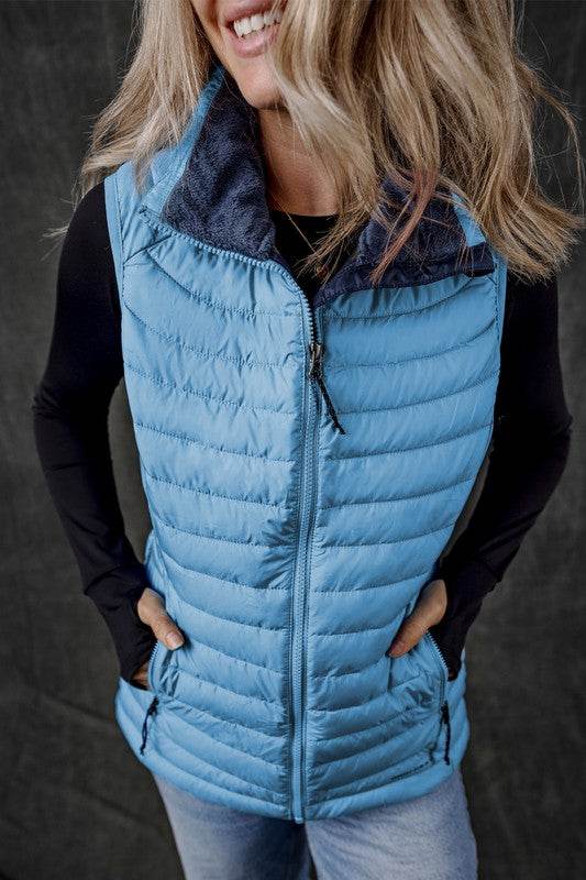 Sky Blue Plush Collared Quilted Zipped Puffer Vest - Shop Style & More | Fresh Looks, Everyday Deals & Free Shipping