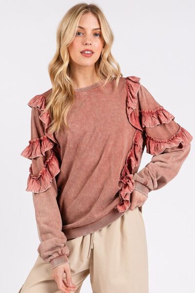 Mittoshop Ruffled Mineral Washed Round Neck Long Sleeve Sweatshirt Hoodies & Sweaters