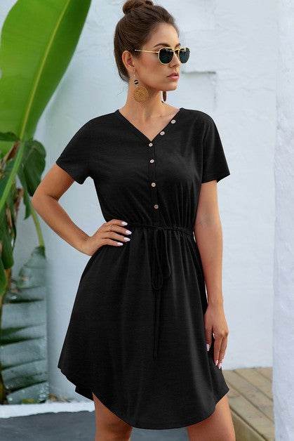 Solid V Neck Button Down Tie Waist Jersey Dress - Shop Style & More | Fresh Looks, Everyday Deals & Free Shipping