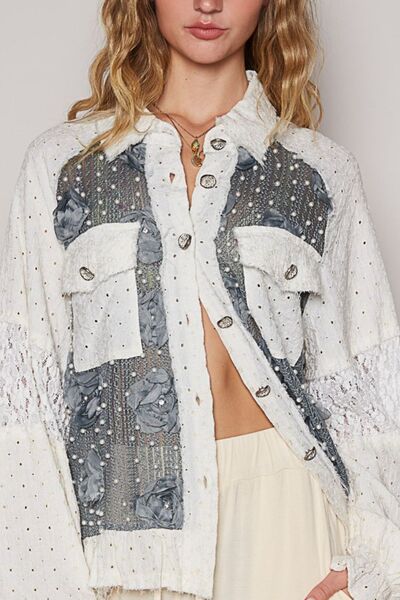 POL Eyelet Flower Pearl Detail Lace Patchwork Shirt Blouses