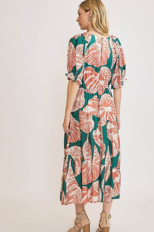 Umgee Full Size Printed Notched Puff Sleeve Midi Dress Plus Size - Shop Style & More | Fresh Looks, Everyday Deals & Free Shipping