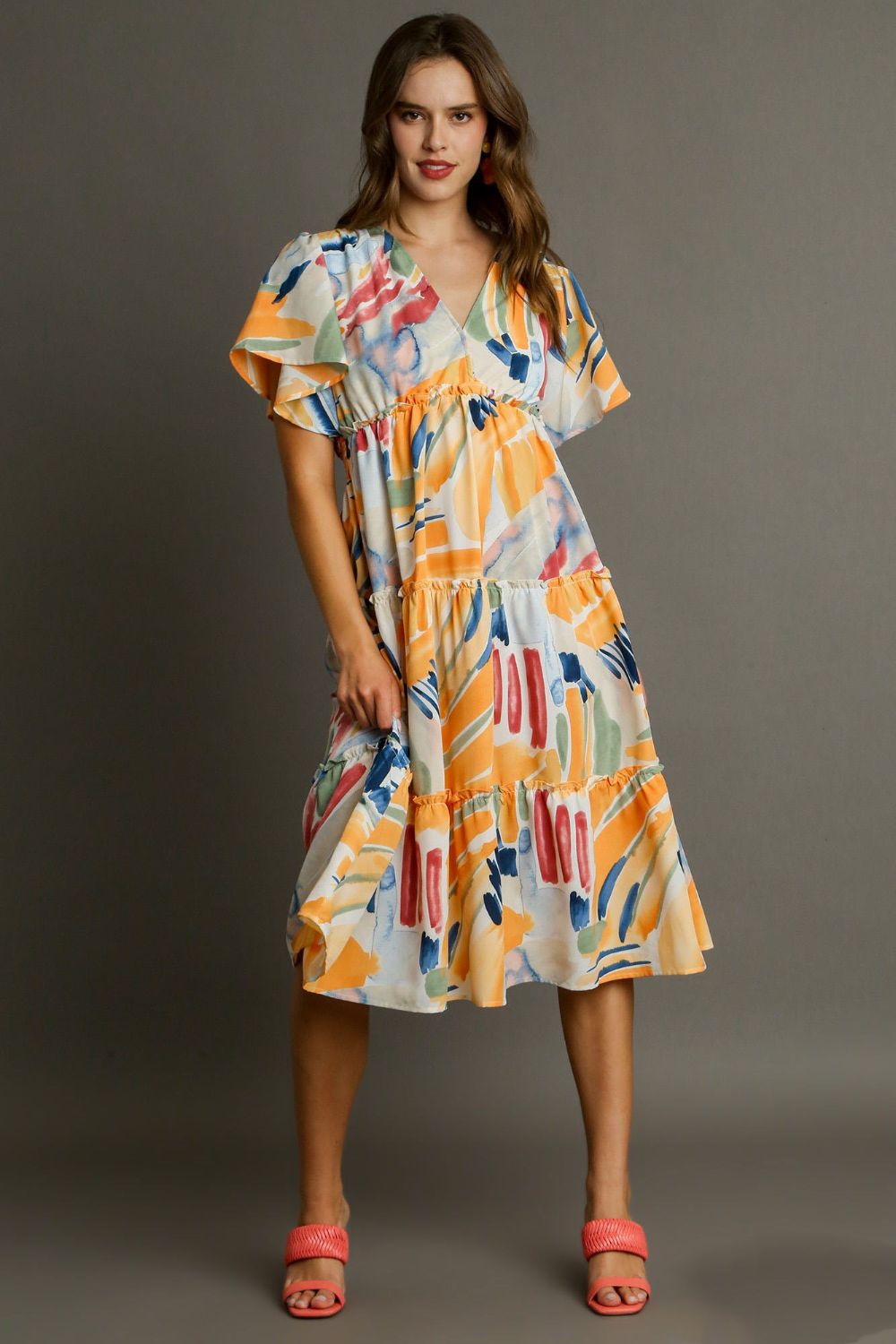 Umgee Full Size Abstract Print Flutter Sleeve Frill Tiered Midi Dress Plus Size Casual Dresses