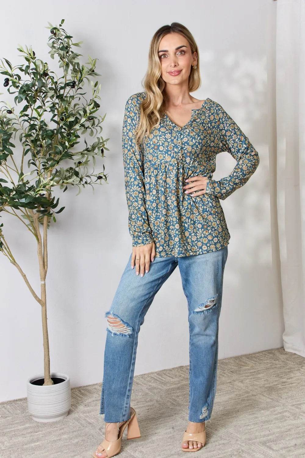 Heimish Full Size Floral Half Button Long Sleeve Blouse - Shop Style & More | Fresh Looks, Everyday Deals & Free Shipping